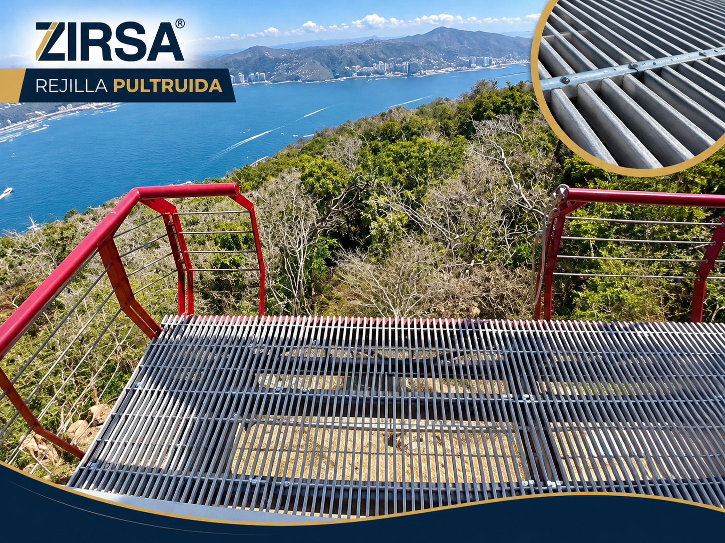 Rejillas Pultruidas en un mirador costero con detalle de perfiles longitudinales