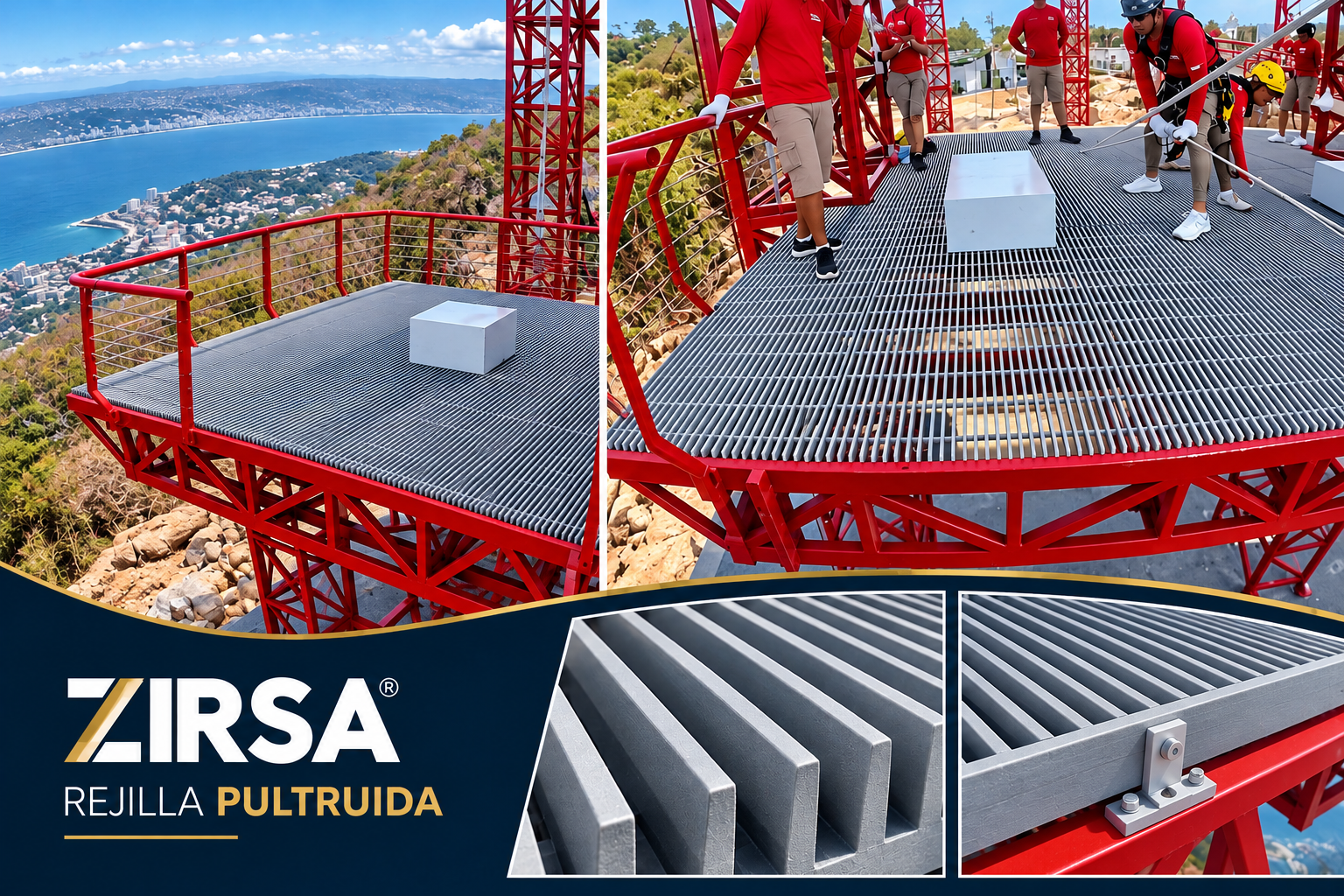 Rejillas Pultruidas en una plataforma costera con detalles de perfiles y fijaciones